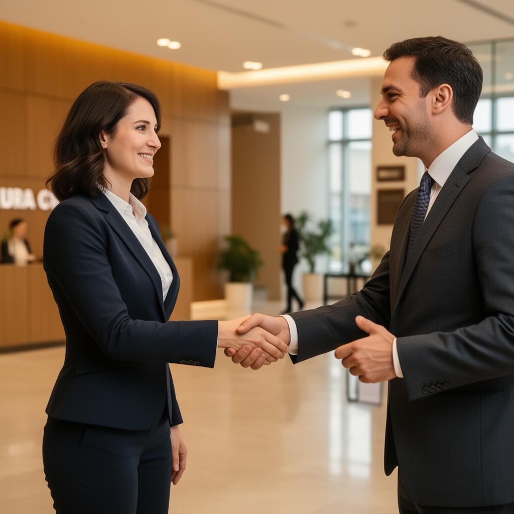 Professional handshake after a referral introduction